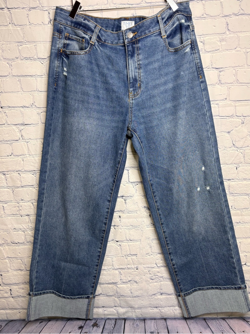 Time and Tru Classic Boho Wide Straight Leg Utility High Rise Cuffed Jeans 14